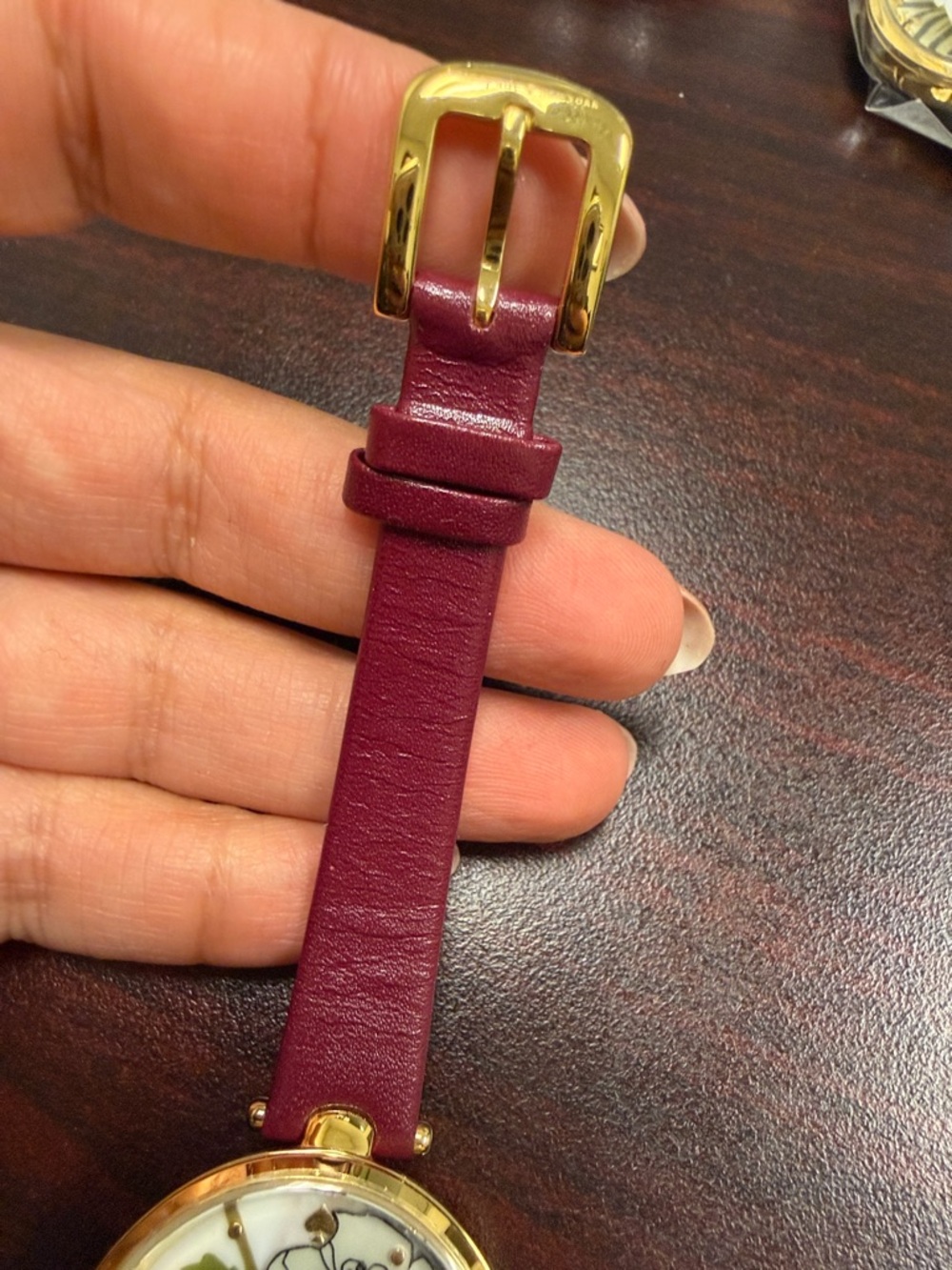 Floral Dial Gold-Tone Watch with Burgundy Strap - Picture 4 of 8